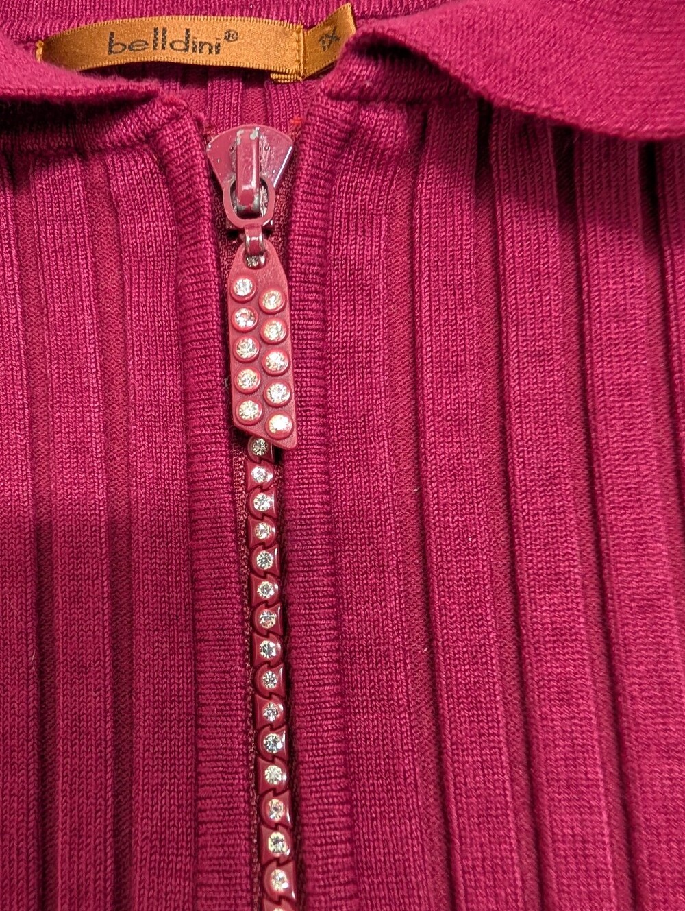 Belldini Burgundy Ribbed Rhinestone Zip-Up Knit Top - Picture 4 of 7
